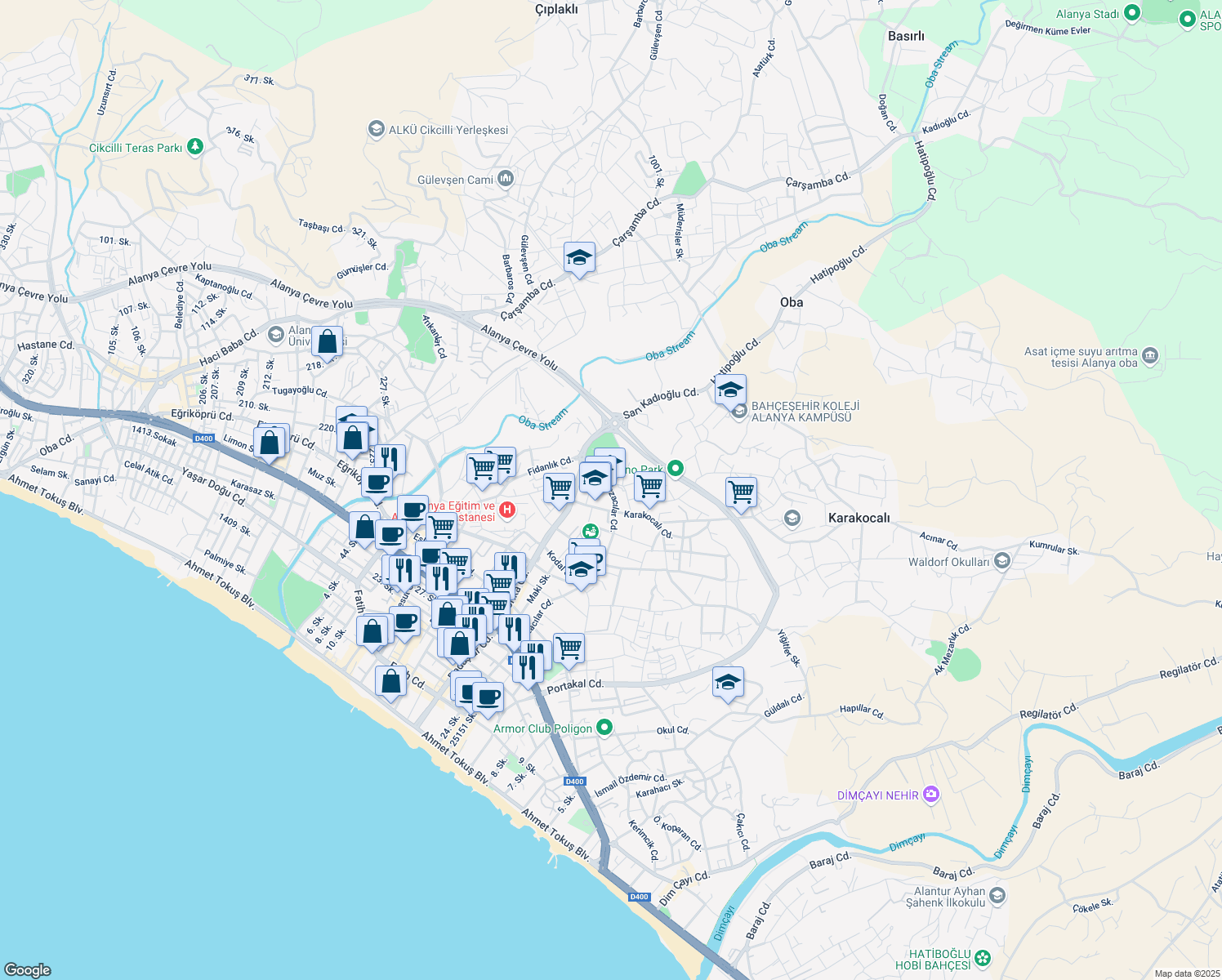map of restaurants, bars, coffee shops, grocery stores, and more near NO:364 Atatürk Bulvarı in Alanya