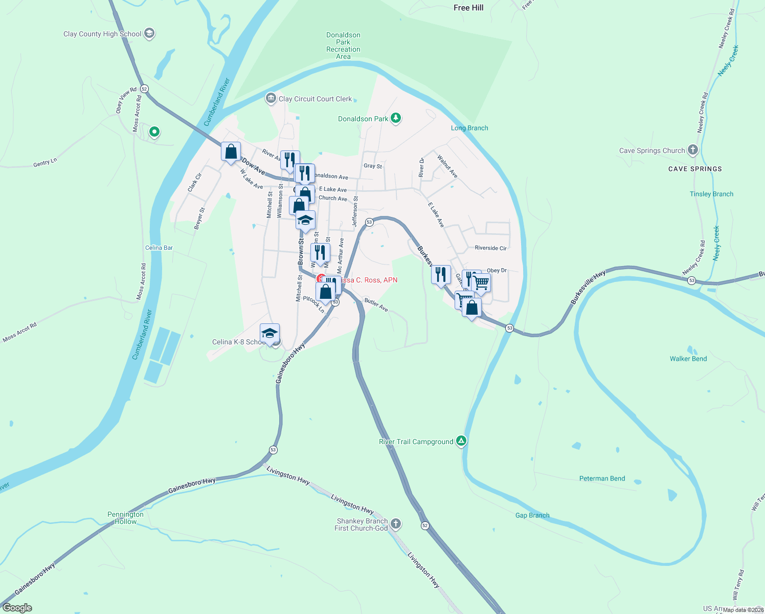 map of restaurants, bars, coffee shops, grocery stores, and more near Butler Ave in Celina
