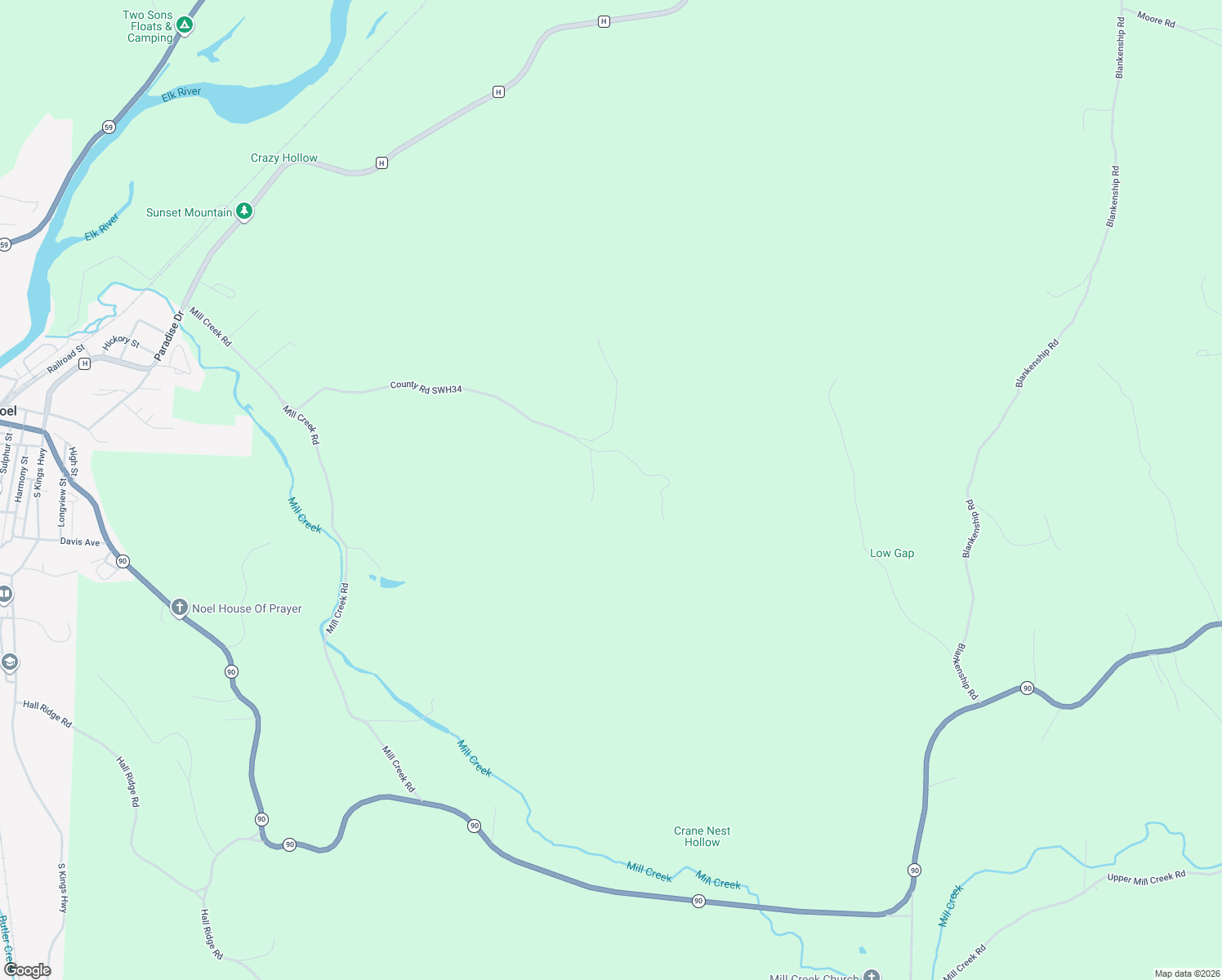 map of restaurants, bars, coffee shops, grocery stores, and more near County Road SWH34 in Noel