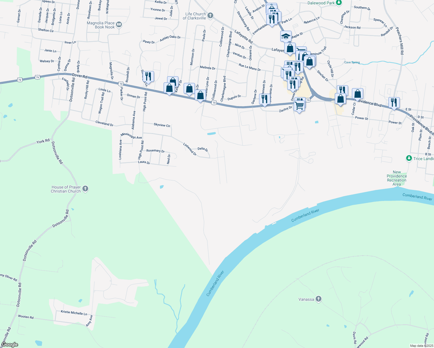 map of restaurants, bars, coffee shops, grocery stores, and more near 513 Aspen Drive in Clarksville