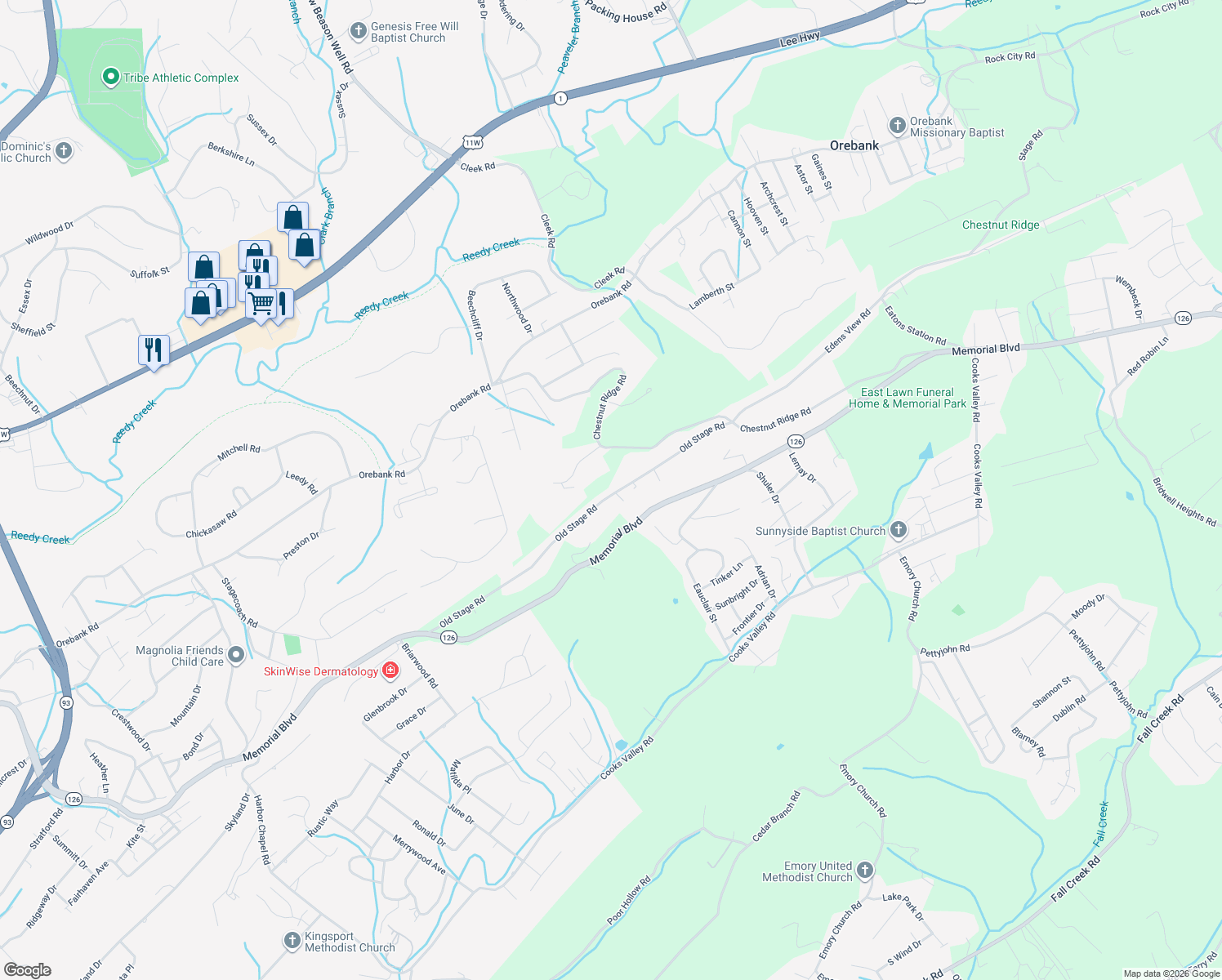 map of restaurants, bars, coffee shops, grocery stores, and more near 4598 Old Stage Road in Kingsport