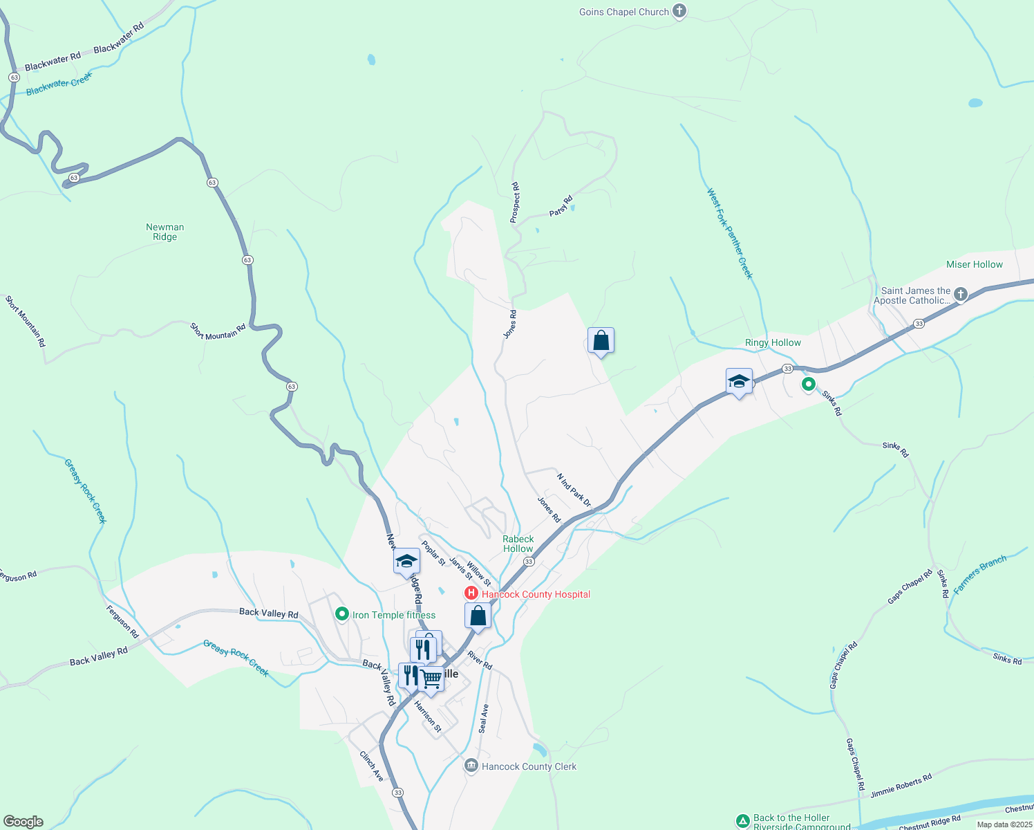 map of restaurants, bars, coffee shops, grocery stores, and more near 550 Jones Rd in Sneedville