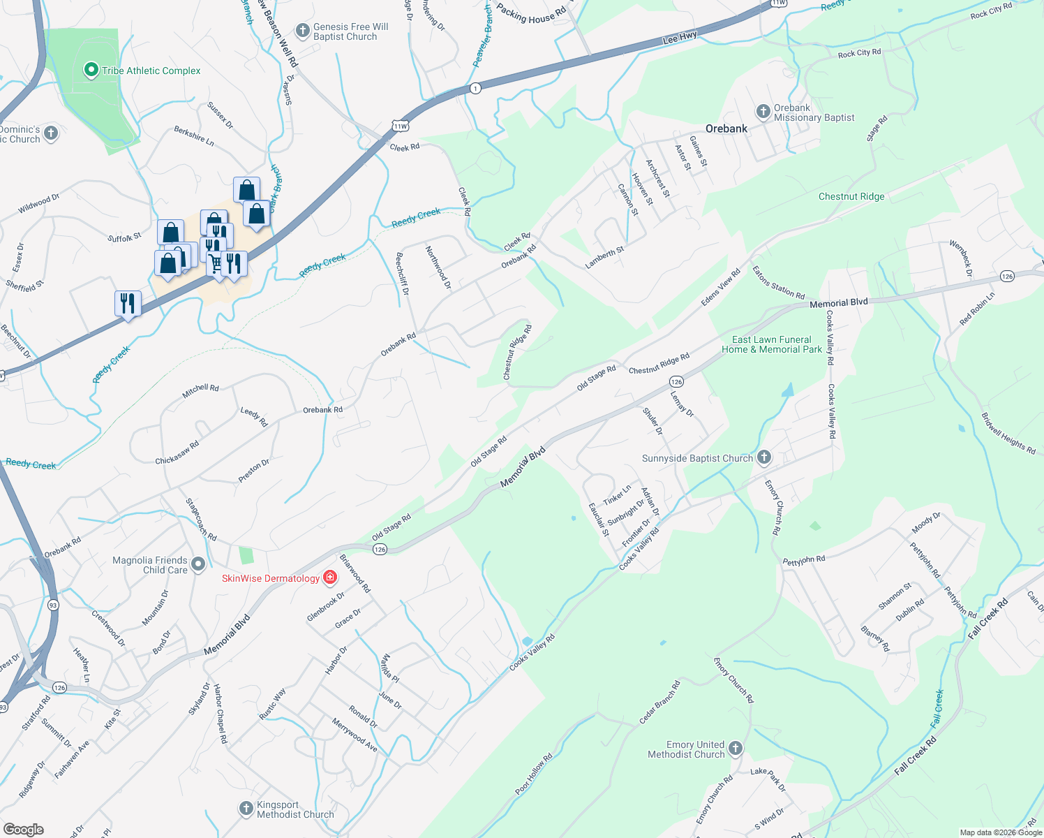 map of restaurants, bars, coffee shops, grocery stores, and more near 4598 Old Stage Road in Kingsport