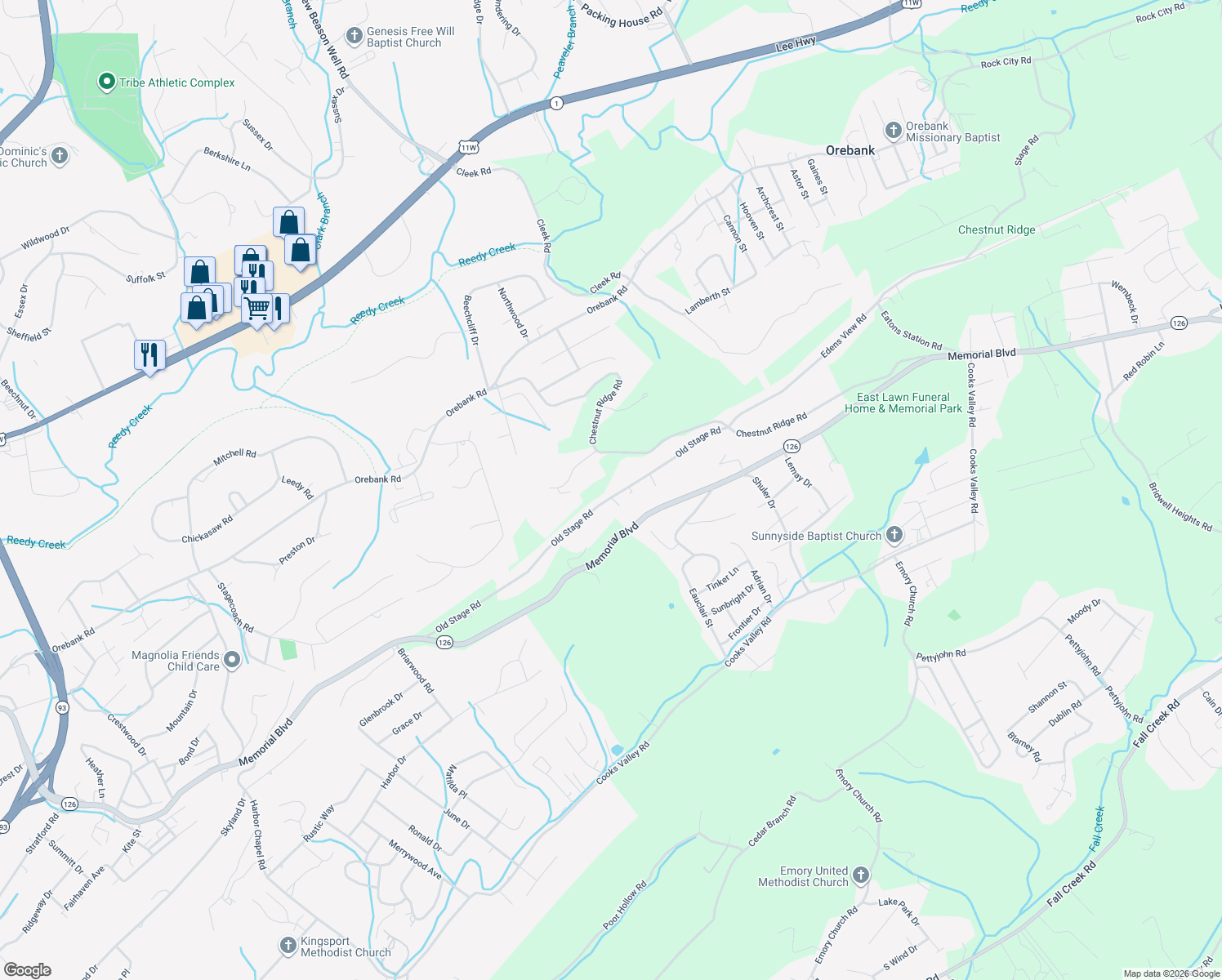 map of restaurants, bars, coffee shops, grocery stores, and more near 4598 Old Stage Road in Kingsport