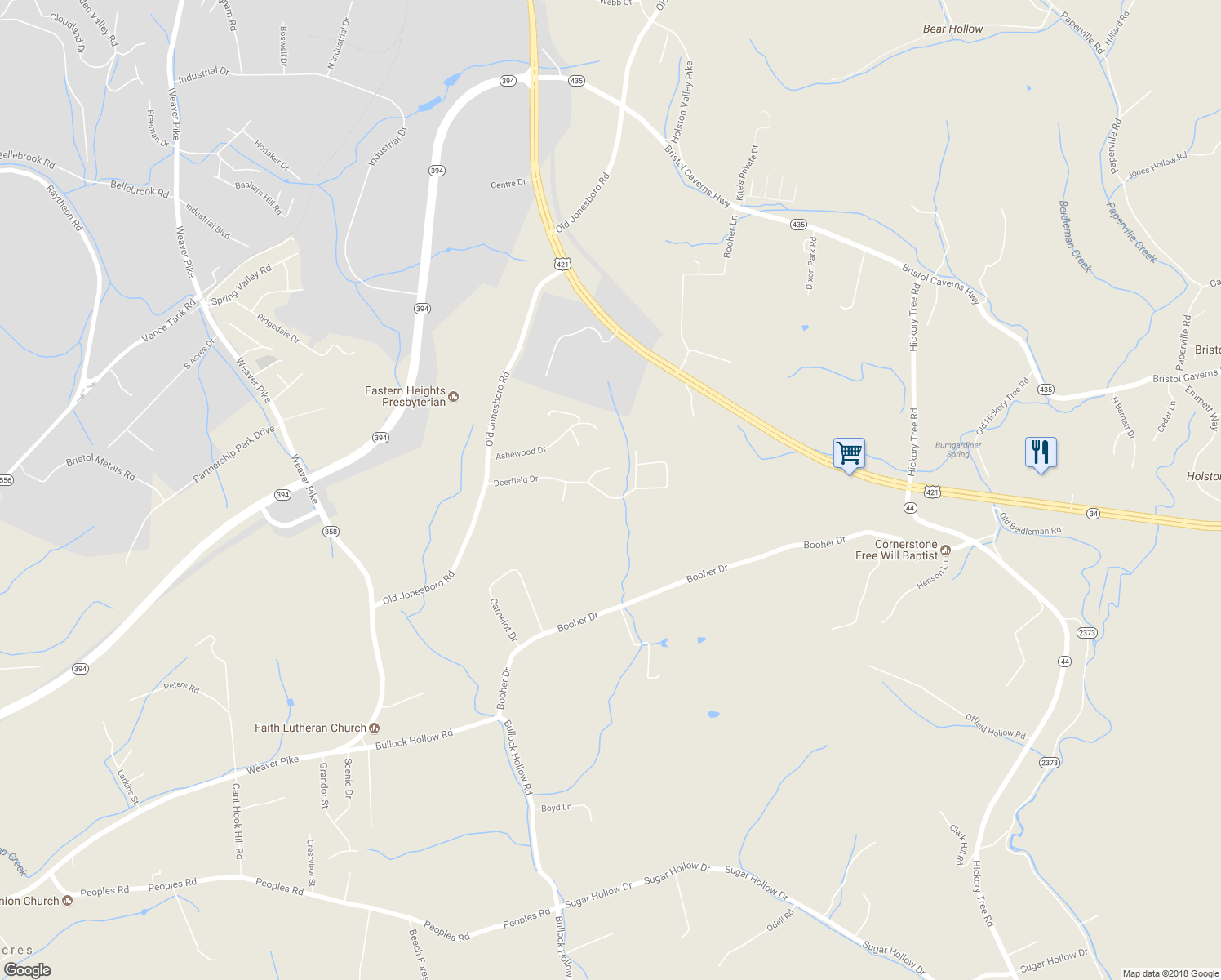 map of restaurants, bars, coffee shops, grocery stores, and more near 359 Deerfield Drive in Bristol