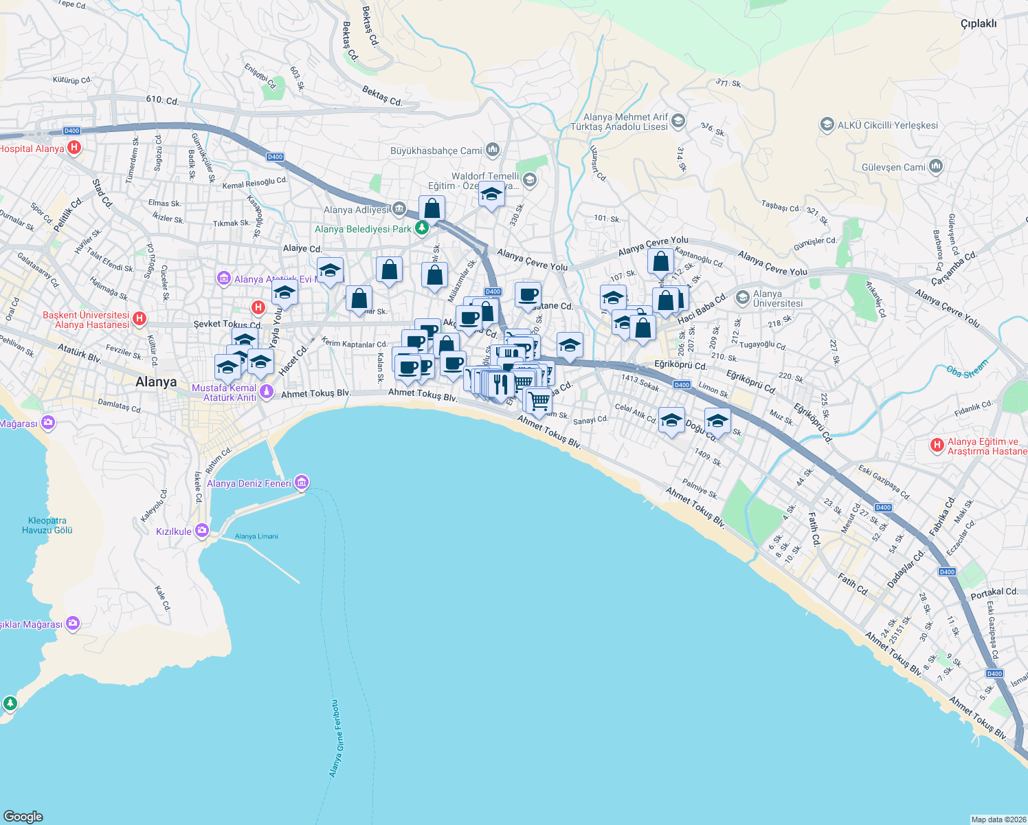 map of restaurants, bars, coffee shops, grocery stores, and more near 1 Oba Caddesi in Alanya