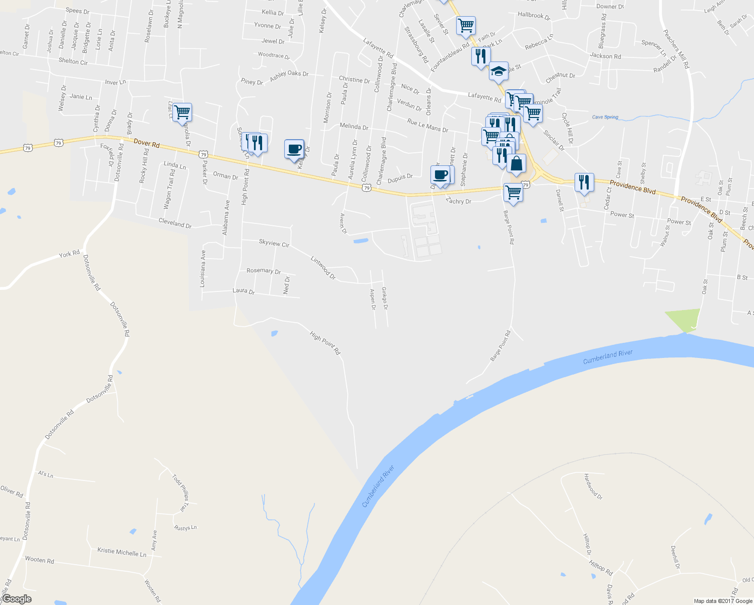 map of restaurants, bars, coffee shops, grocery stores, and more near 513 Aspen Drive in Clarksville