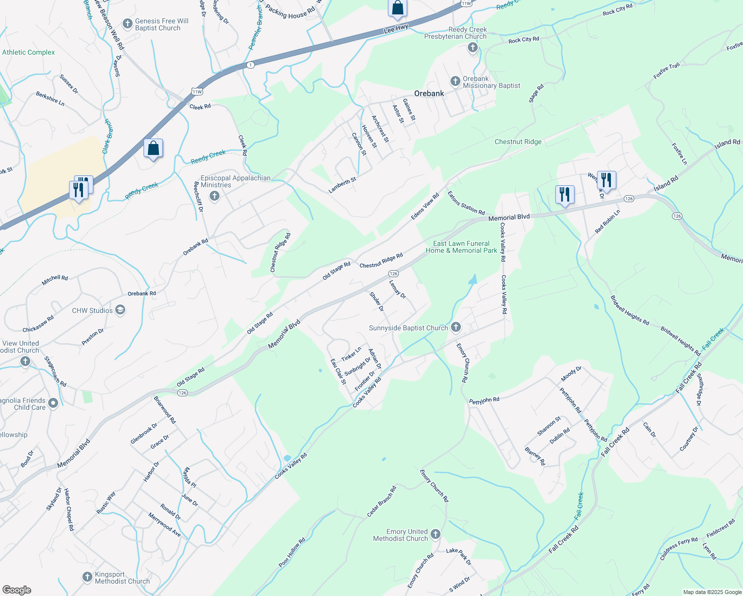 map of restaurants, bars, coffee shops, grocery stores, and more near 113 Shuler Drive in Kingsport