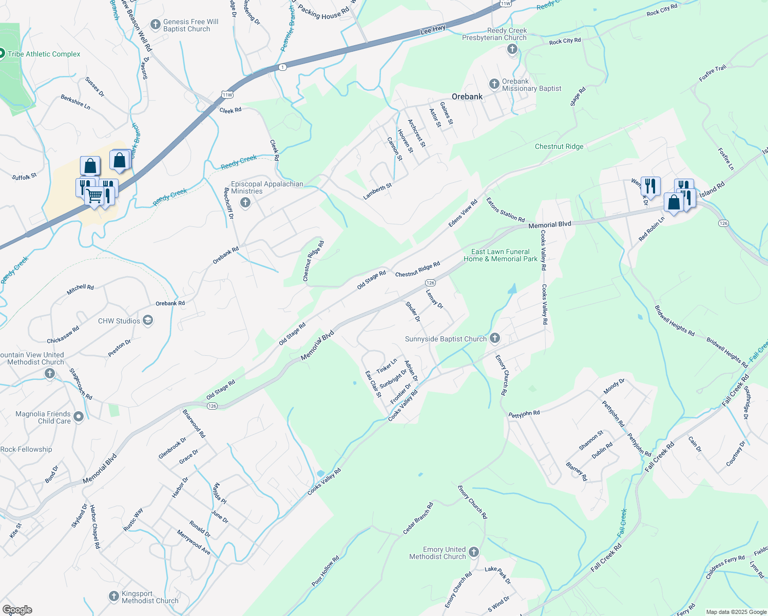 map of restaurants, bars, coffee shops, grocery stores, and more near 4800 Memorial Boulevard in Kingsport