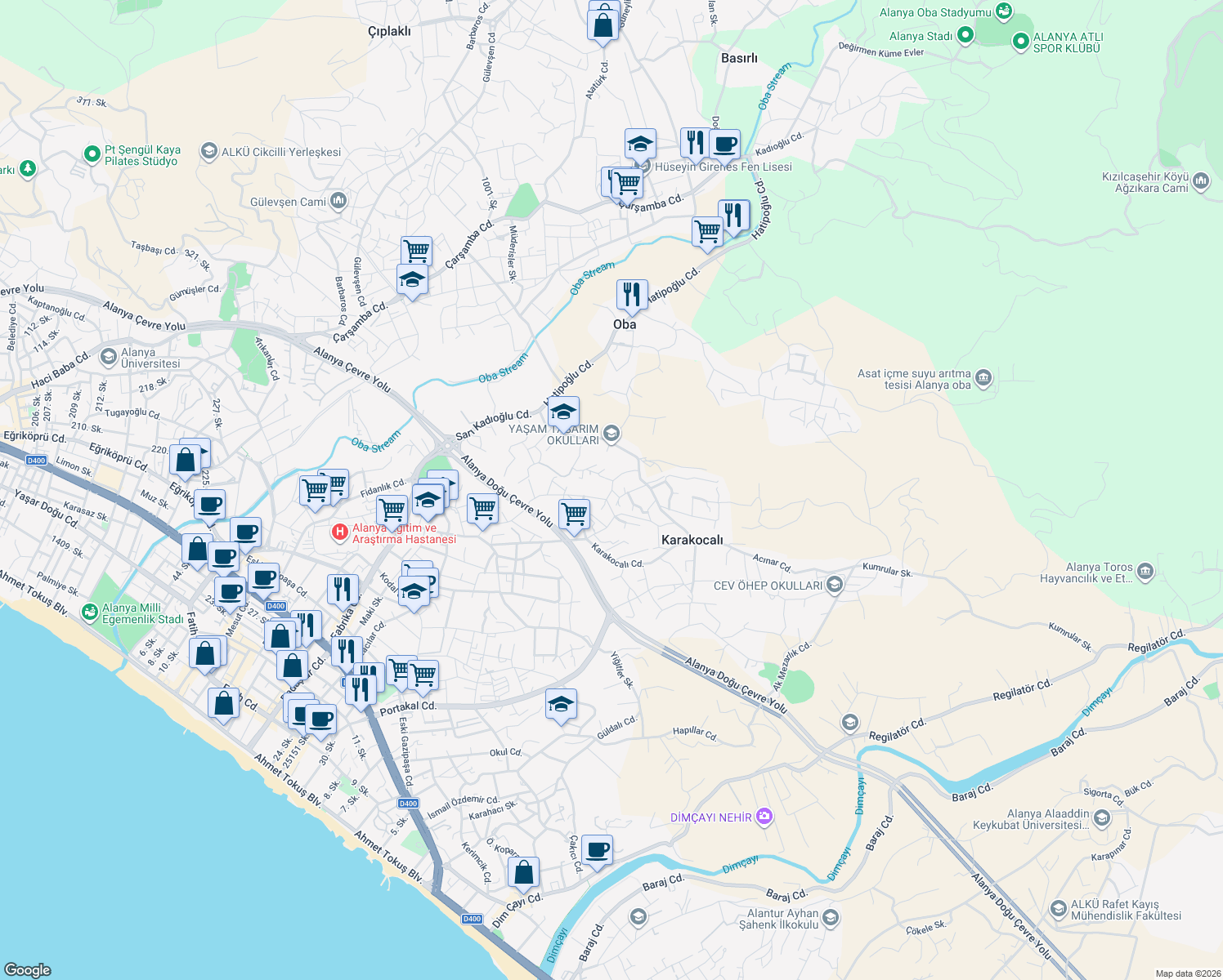 map of restaurants, bars, coffee shops, grocery stores, and more near Çelikler Çıkmazı in Alanya
