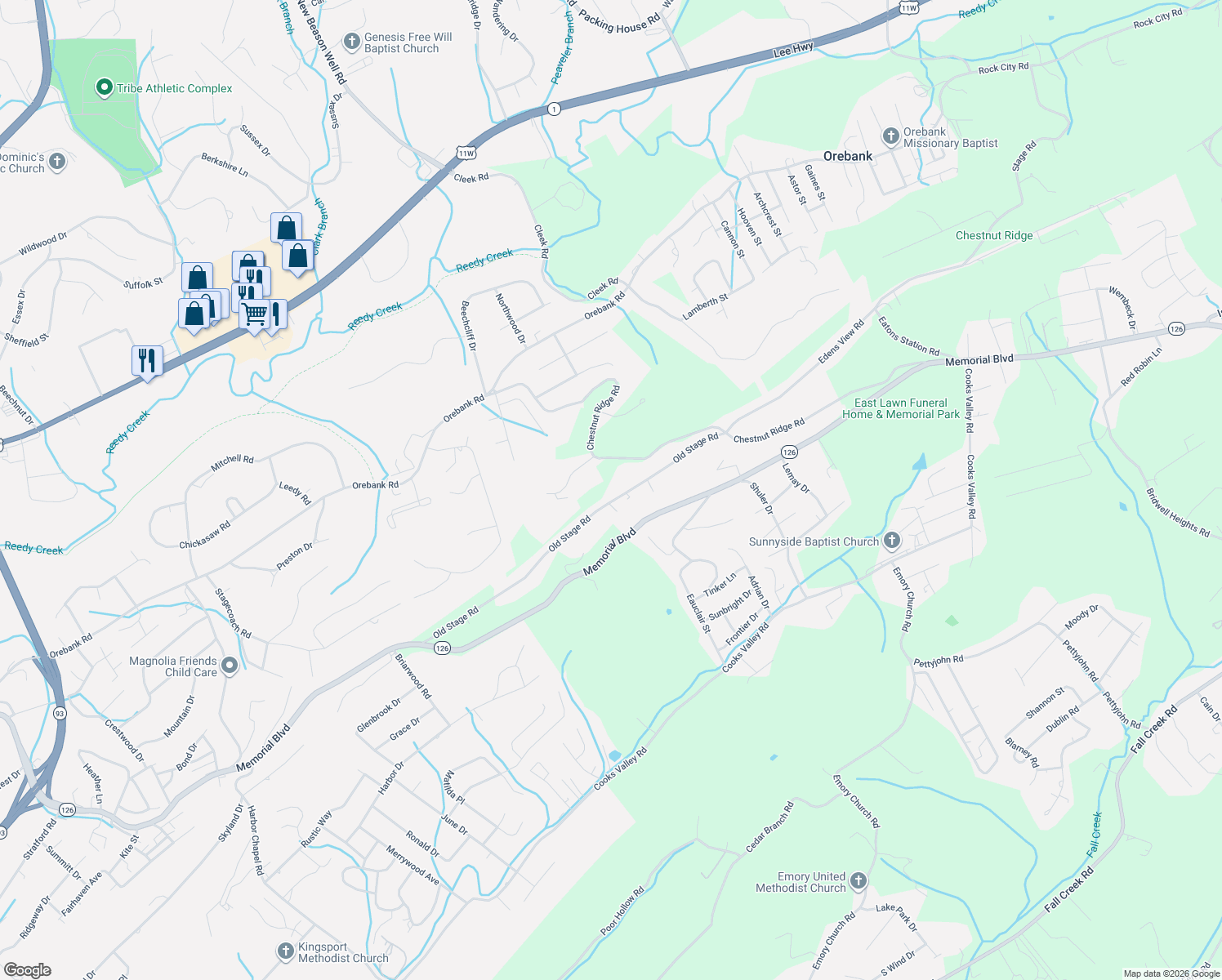 map of restaurants, bars, coffee shops, grocery stores, and more near 4598 Old Stage Road in Kingsport