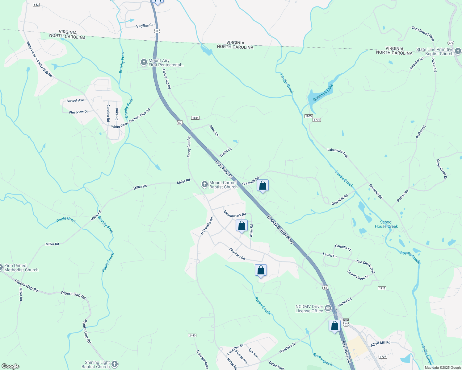 map of restaurants, bars, coffee shops, grocery stores, and more near 130 West Greenhill Road in Mount Airy