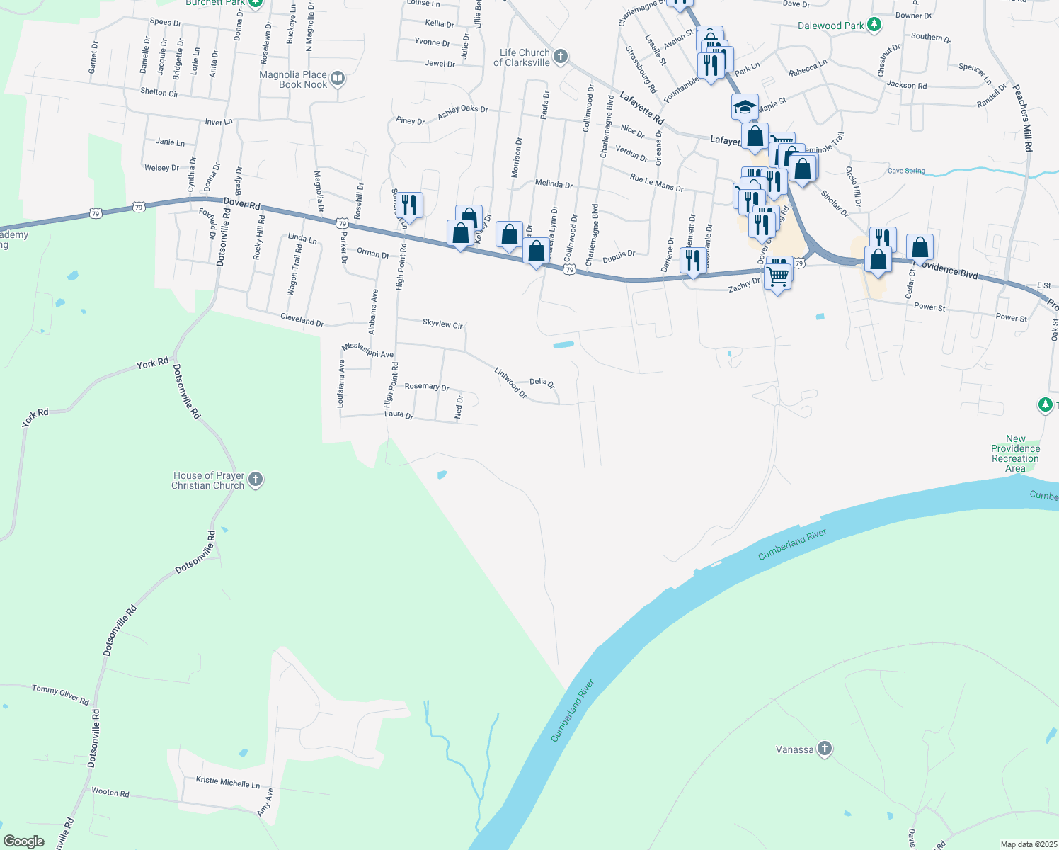 map of restaurants, bars, coffee shops, grocery stores, and more near 712 Willard Road in Clarksville