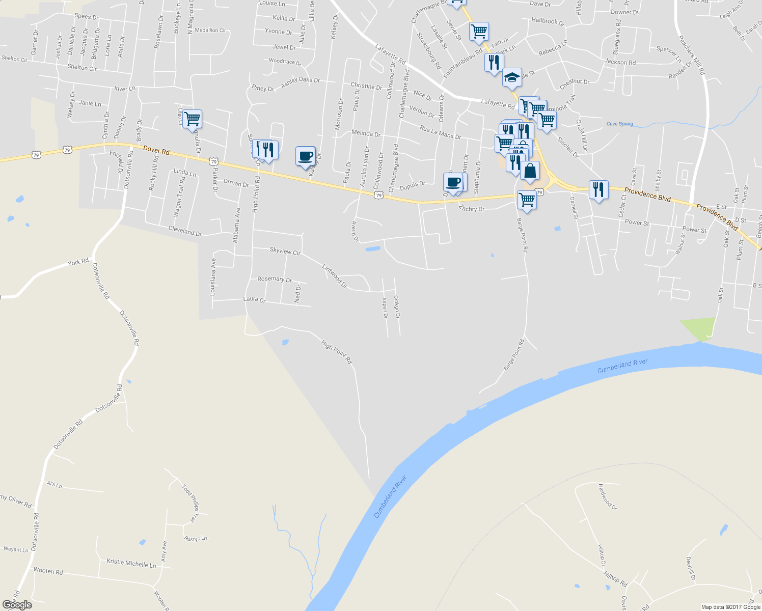 map of restaurants, bars, coffee shops, grocery stores, and more near 506 Aspen Drive in Clarksville