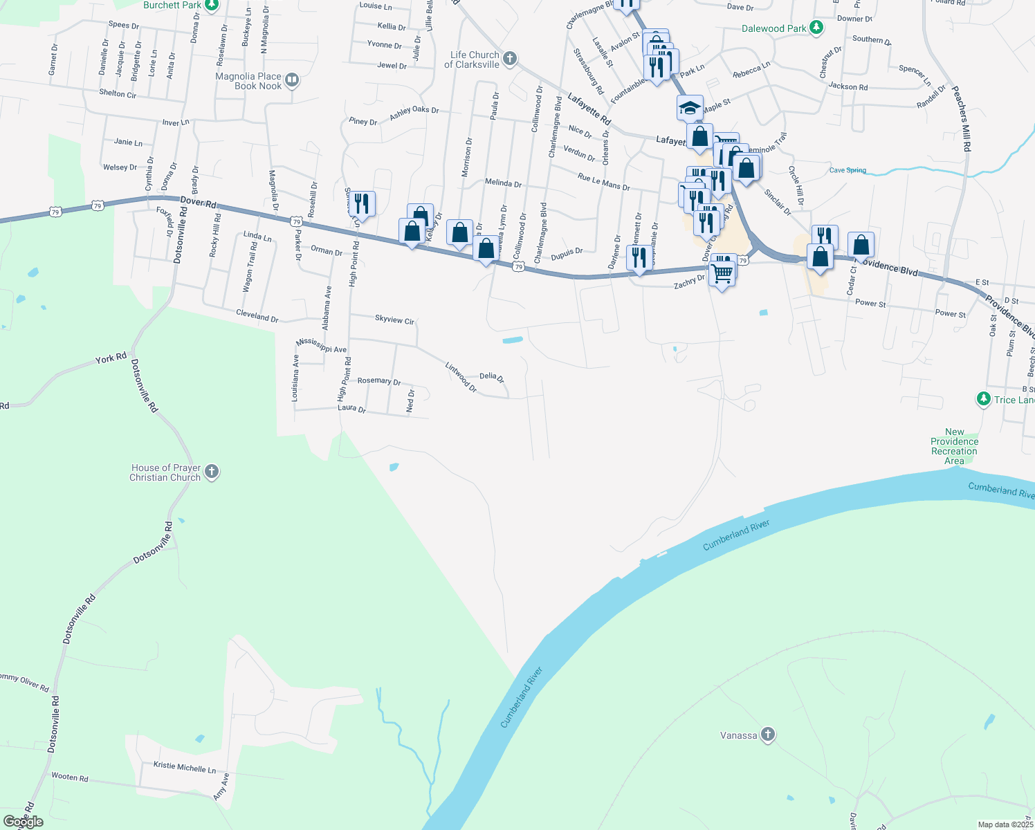 map of restaurants, bars, coffee shops, grocery stores, and more near 506 Aspen Drive in Clarksville
