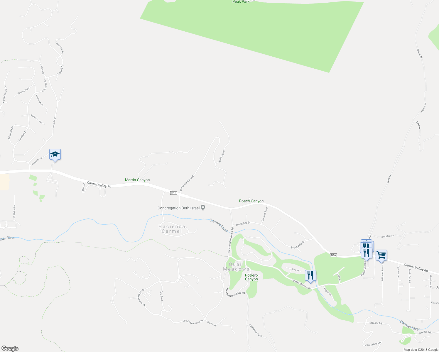 map of restaurants, bars, coffee shops, grocery stores, and more near 75 Del Mesa Carmel in Carmel