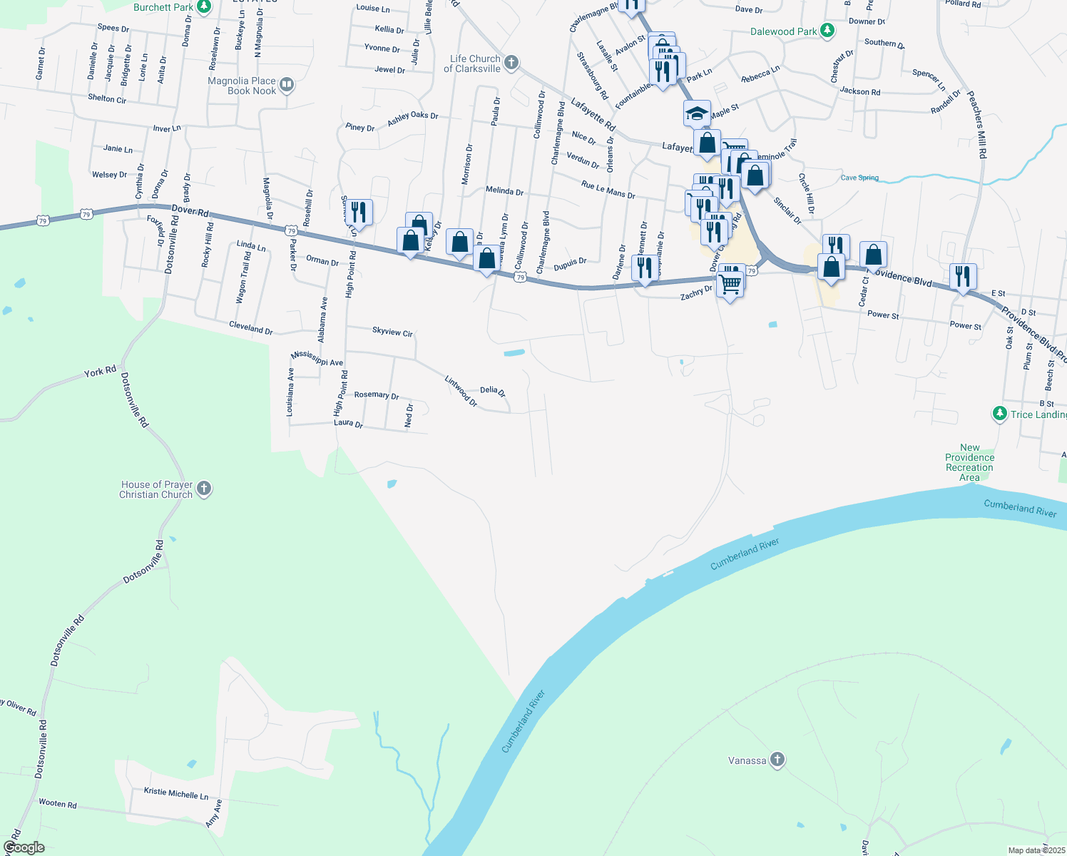 map of restaurants, bars, coffee shops, grocery stores, and more near 507 Aspen Drive in Clarksville