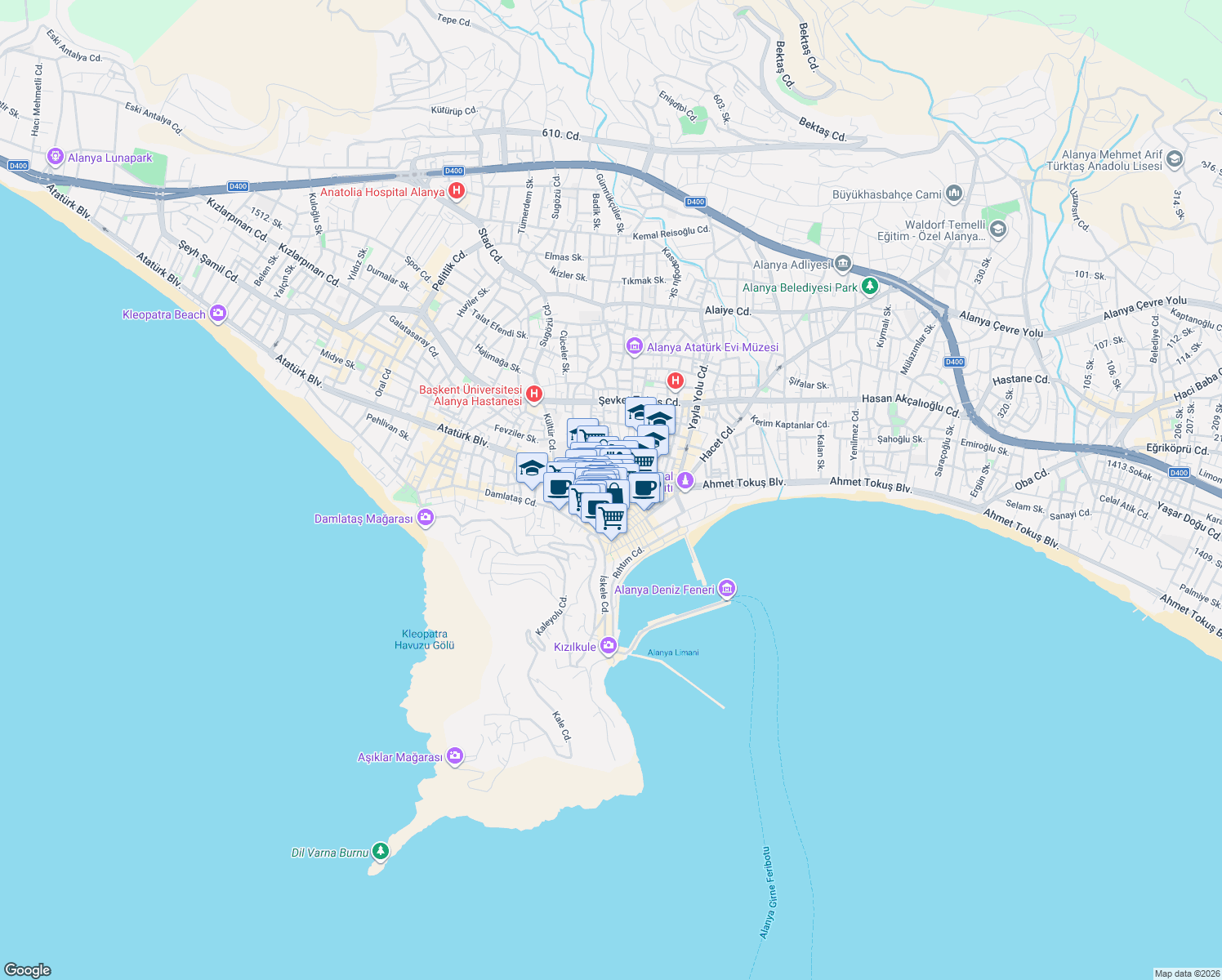 map of restaurants, bars, coffee shops, grocery stores, and more near 29 Atatürk Bulvarı in Alanya