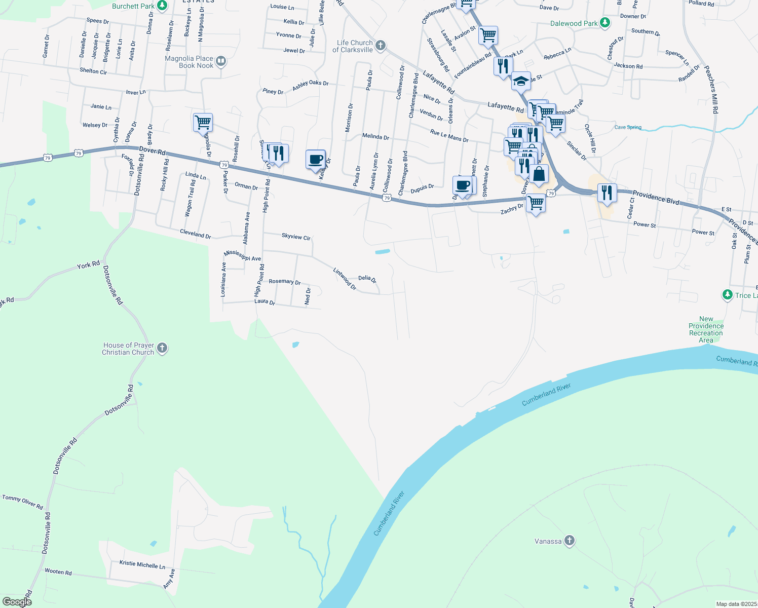 map of restaurants, bars, coffee shops, grocery stores, and more near 506 Aspen Drive in Clarksville