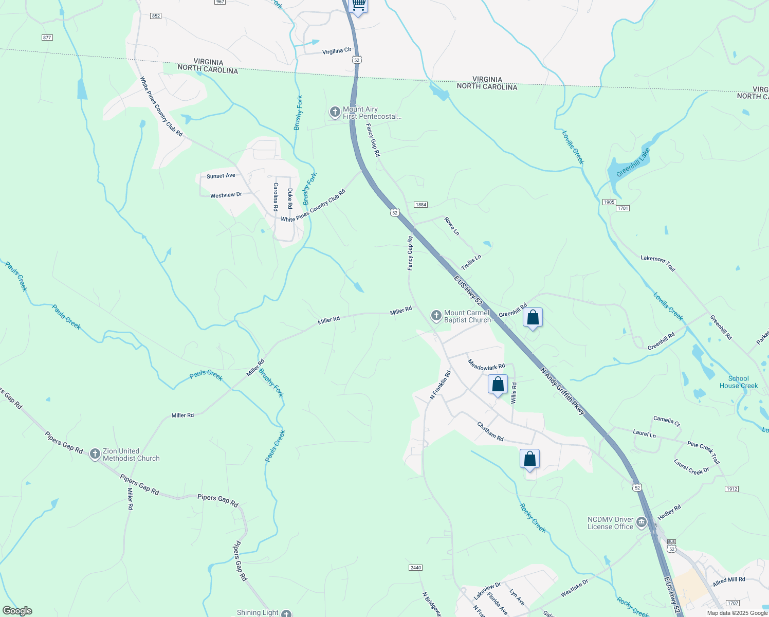 map of restaurants, bars, coffee shops, grocery stores, and more near 172 Miller Road in Mount Airy