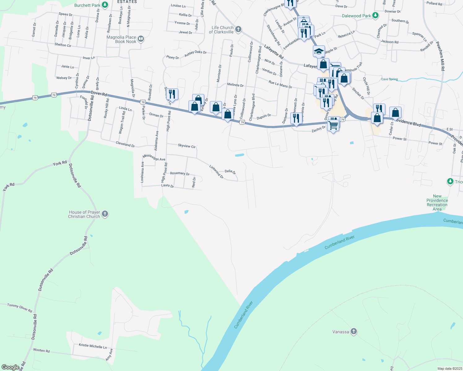 map of restaurants, bars, coffee shops, grocery stores, and more near 712 Willard Road in Clarksville