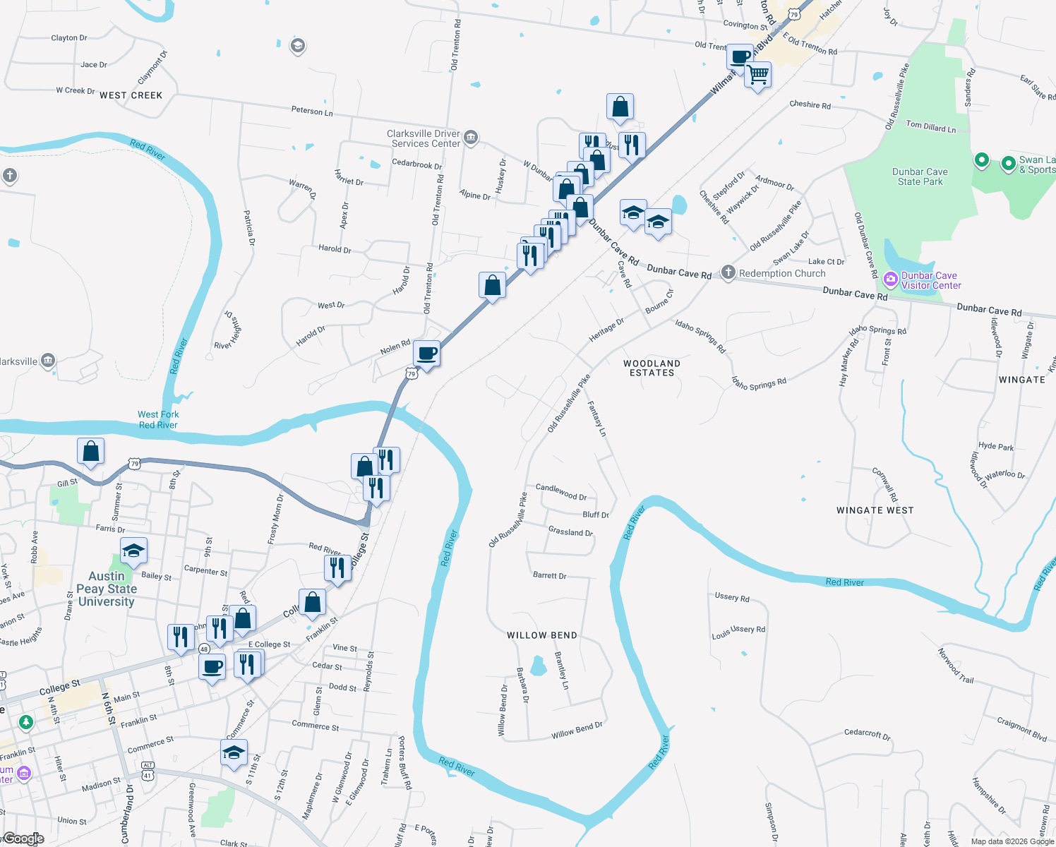map of restaurants, bars, coffee shops, grocery stores, and more near 1640 Old Russellville Pike in Clarksville