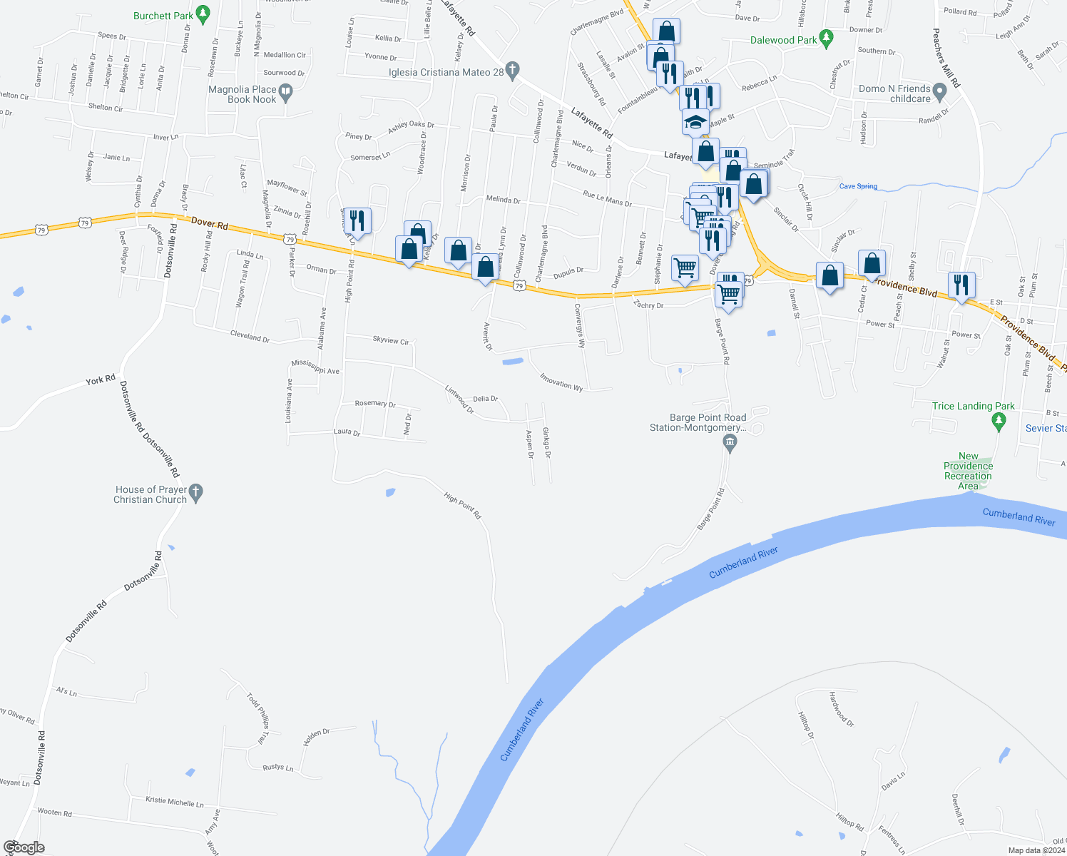 map of restaurants, bars, coffee shops, grocery stores, and more near 503 Aspen Drive in Clarksville