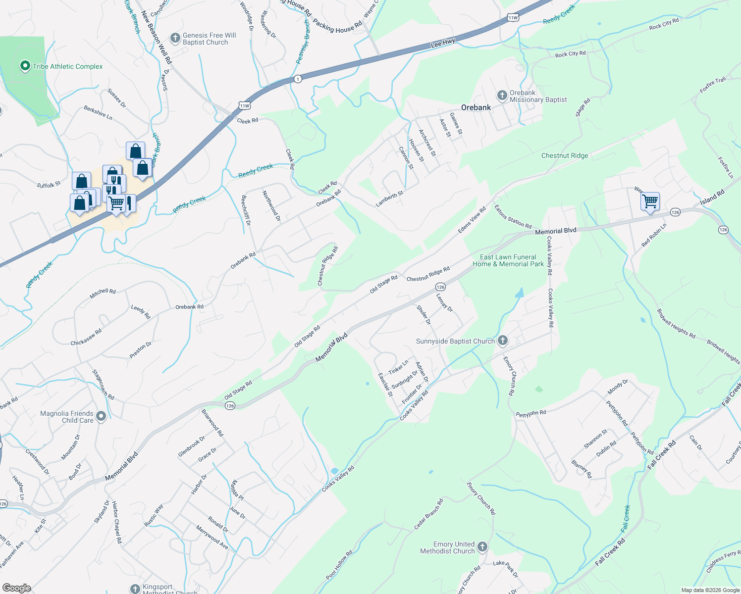 map of restaurants, bars, coffee shops, grocery stores, and more near 4648 Old Stage Road in Kingsport