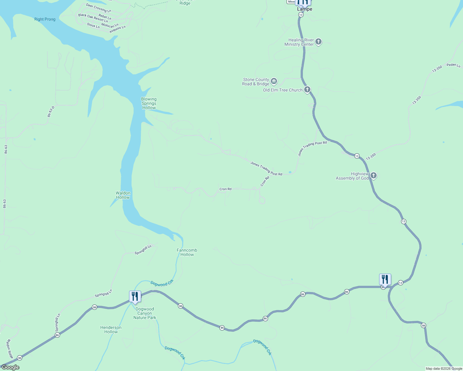 map of restaurants, bars, coffee shops, grocery stores, and more near 375 Cron Road in Lampe