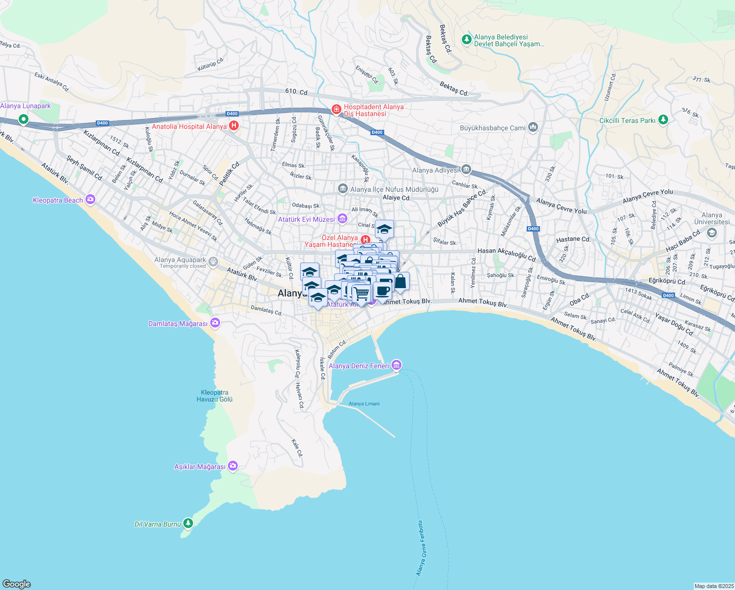 map of restaurants, bars, coffee shops, grocery stores, and more near 5 Yayla Yolu Caddesi in Alanya