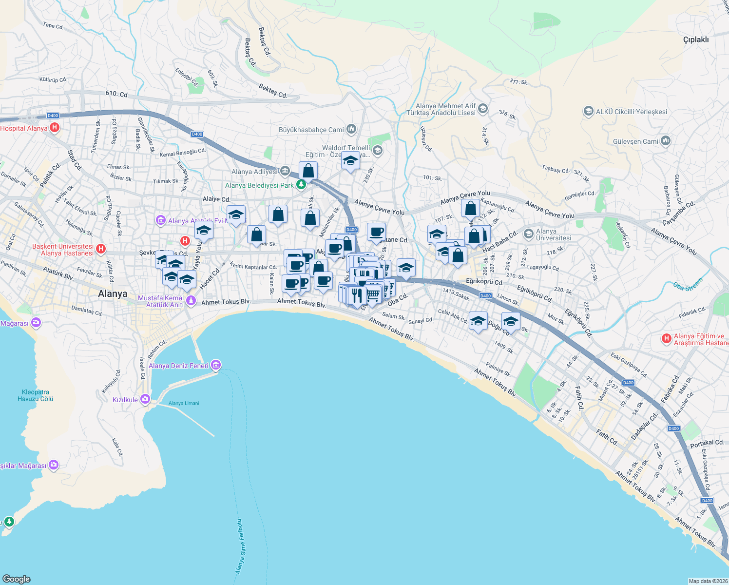 map of restaurants, bars, coffee shops, grocery stores, and more near 11 Demirel Sokak in Alanya