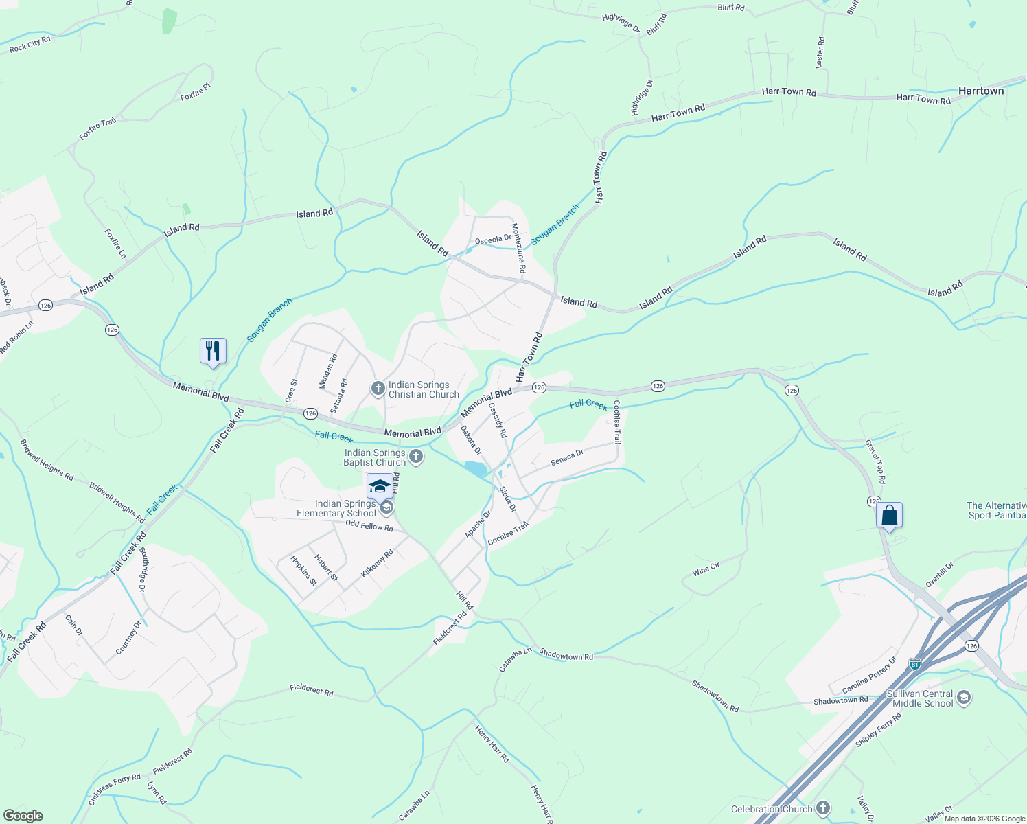 map of restaurants, bars, coffee shops, grocery stores, and more near 5808 Pocahontas Drive in Kingsport