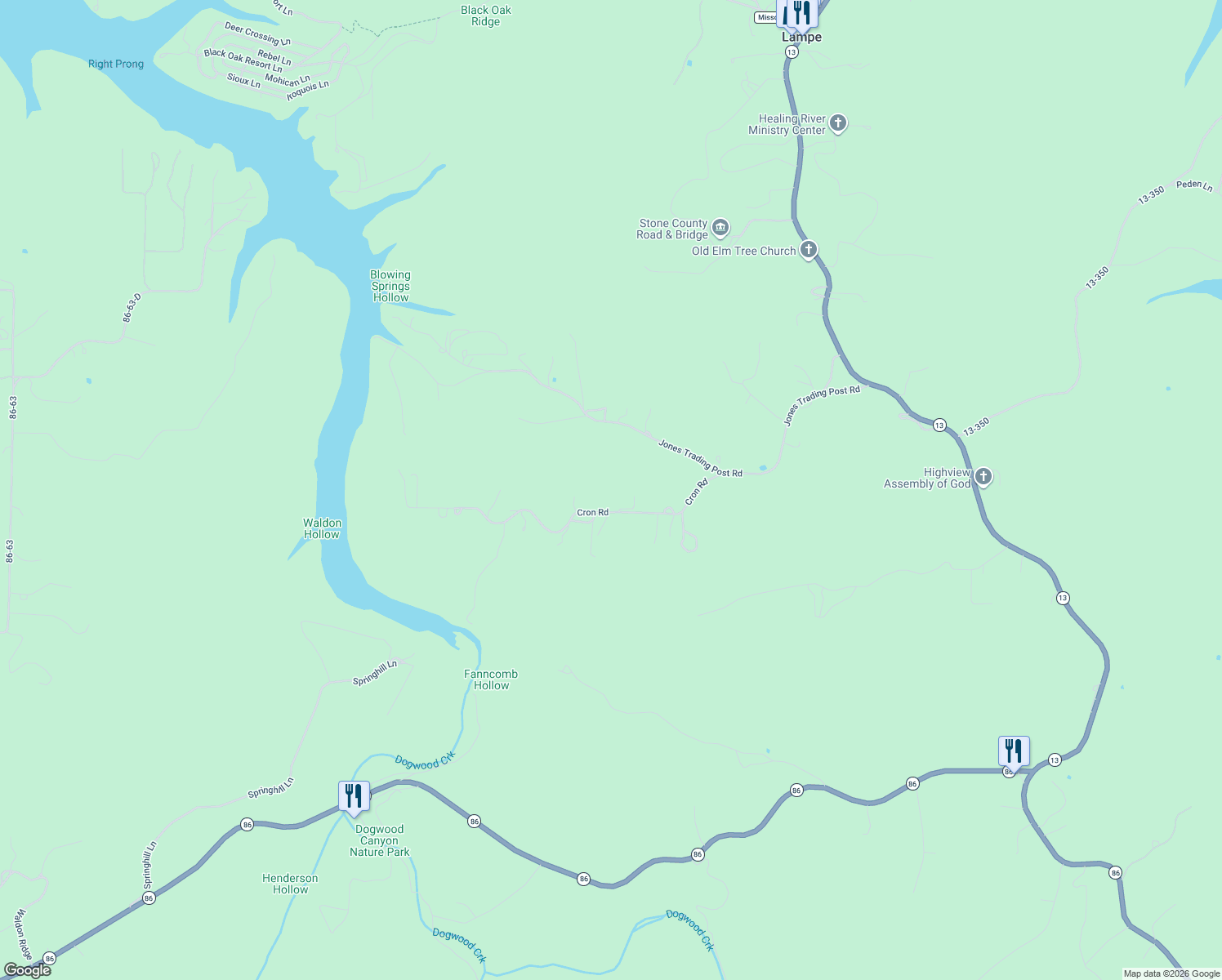 map of restaurants, bars, coffee shops, grocery stores, and more near 375-427 Cron Road in Lampe