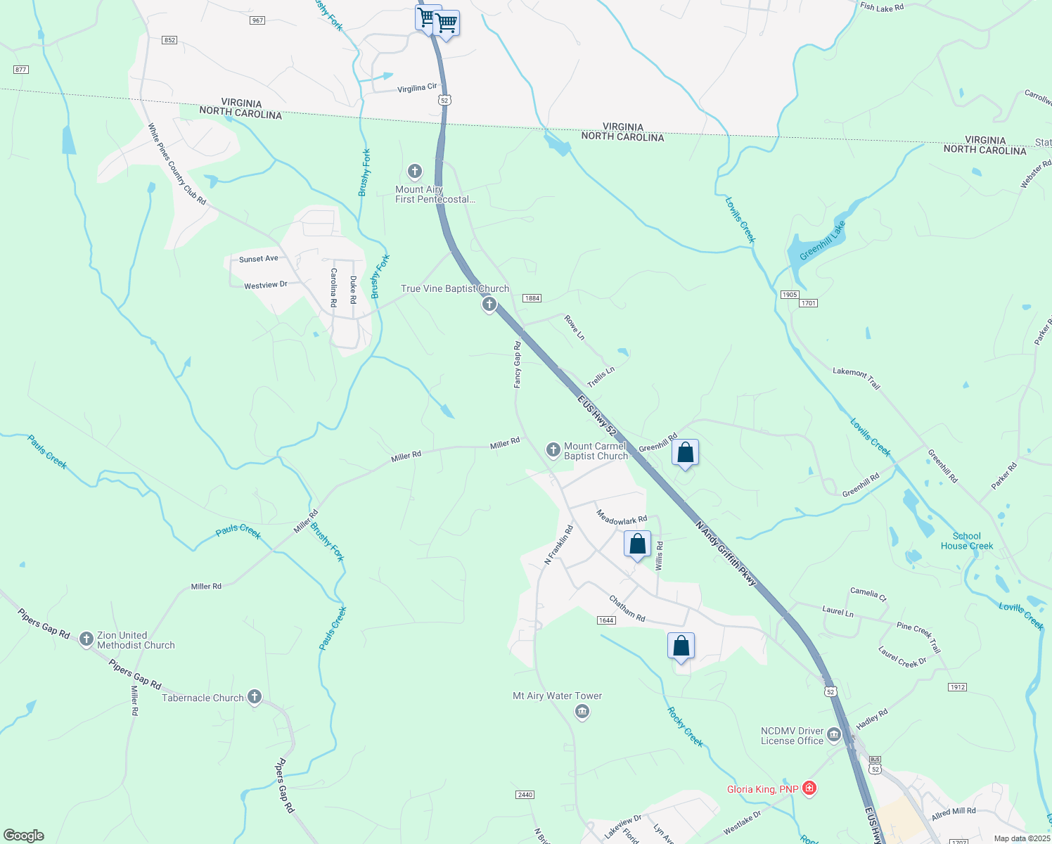 map of restaurants, bars, coffee shops, grocery stores, and more near 2028 Fancy Gap Road in Mount Airy