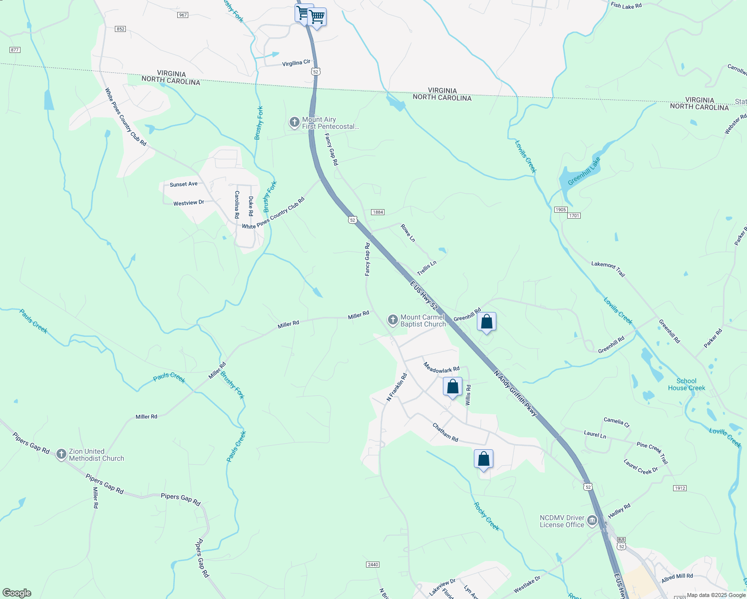 map of restaurants, bars, coffee shops, grocery stores, and more near 2028 Fancy Gap Road in Mount Airy