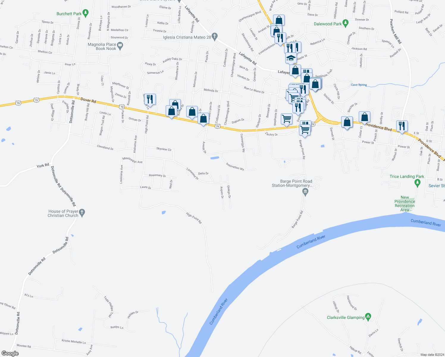 map of restaurants, bars, coffee shops, grocery stores, and more near 479 Aspen Drive in Clarksville