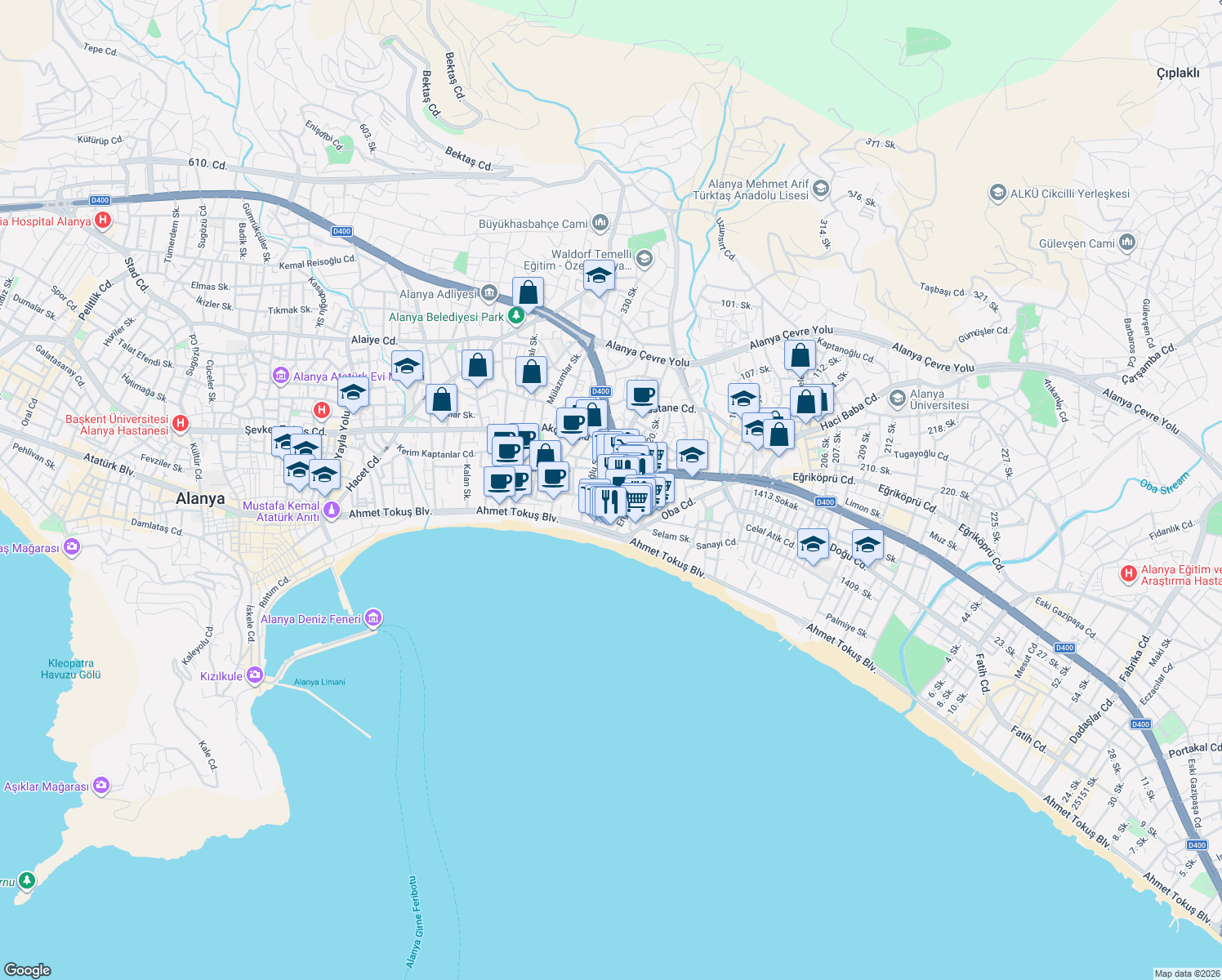 map of restaurants, bars, coffee shops, grocery stores, and more near 11 Demirel Sokak in Alanya