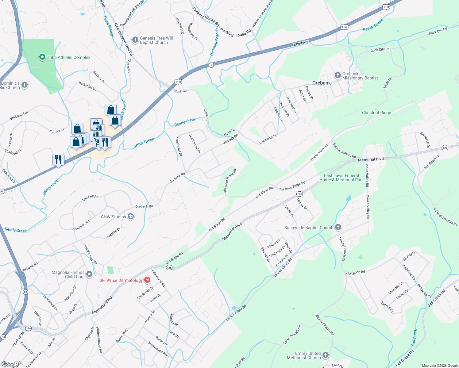 map of restaurants, bars, coffee shops, grocery stores, and more near 5840 Chestnut Ridge Road in Kingsport