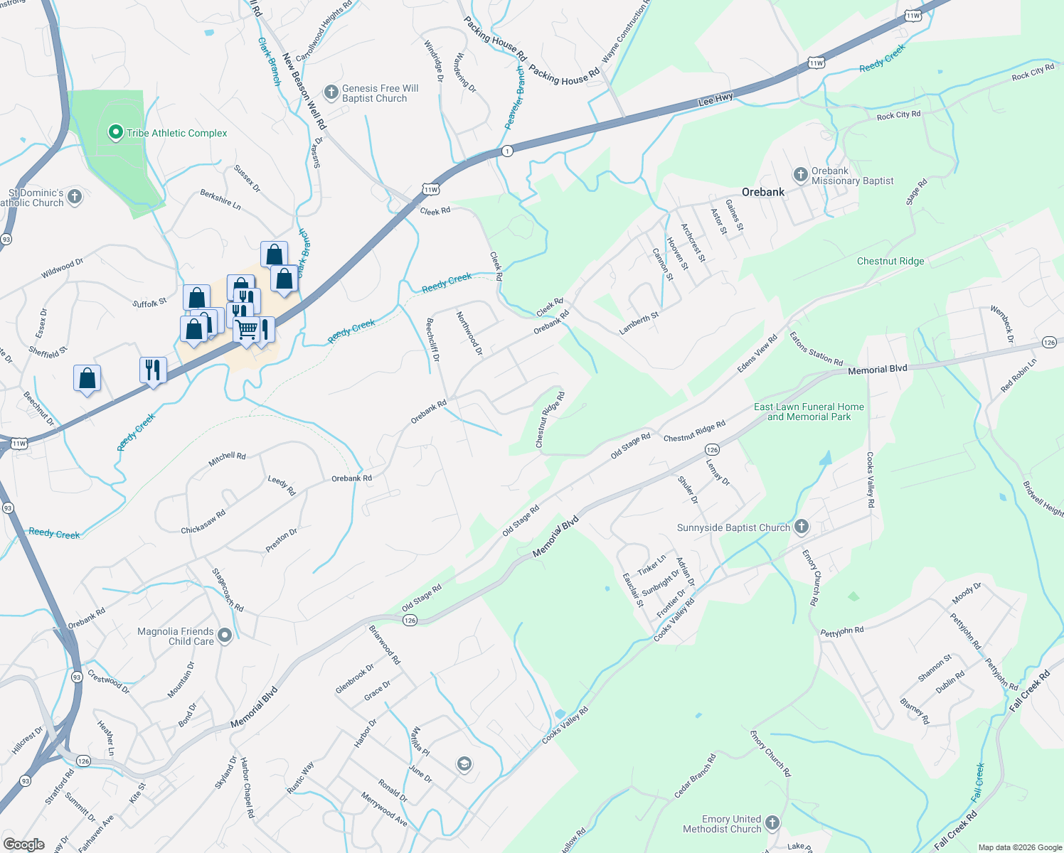 map of restaurants, bars, coffee shops, grocery stores, and more near 5835 Chestnut Ridge Road in Kingsport