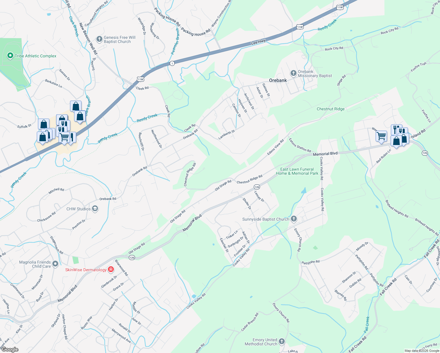 map of restaurants, bars, coffee shops, grocery stores, and more near 5840-6032 Chestnut Ridge Road in Kingsport