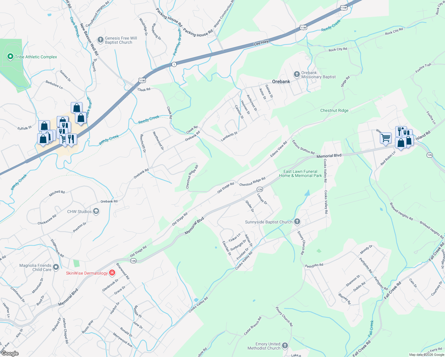 map of restaurants, bars, coffee shops, grocery stores, and more near 5840-6032 Chestnut Ridge Road in Kingsport