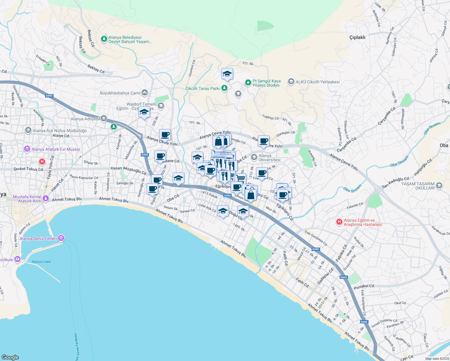 map of restaurants, bars, coffee shops, grocery stores, and more near 6a 204. Sokak in Alanya