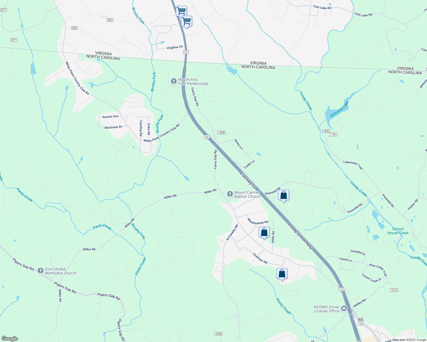 map of restaurants, bars, coffee shops, grocery stores, and more near 2077 Fancy Gap Road in Mount Airy