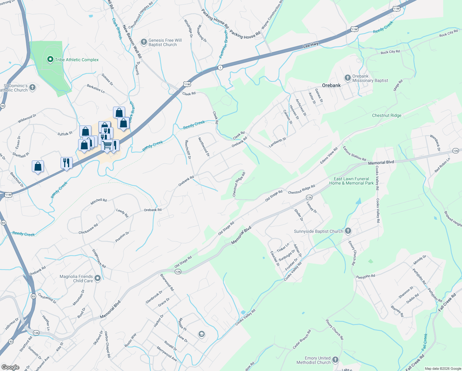 map of restaurants, bars, coffee shops, grocery stores, and more near 5835 Chestnut Ridge Road in Kingsport
