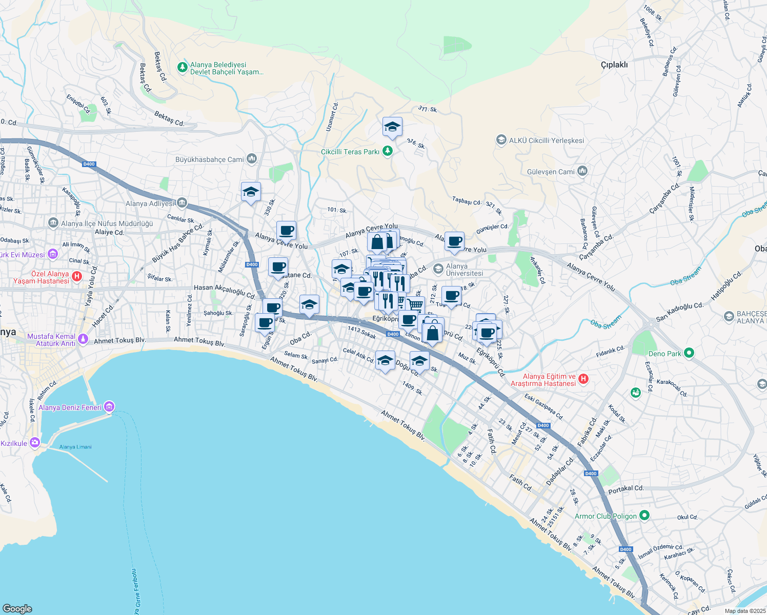map of restaurants, bars, coffee shops, grocery stores, and more near 5 204. Sokak in Alanya