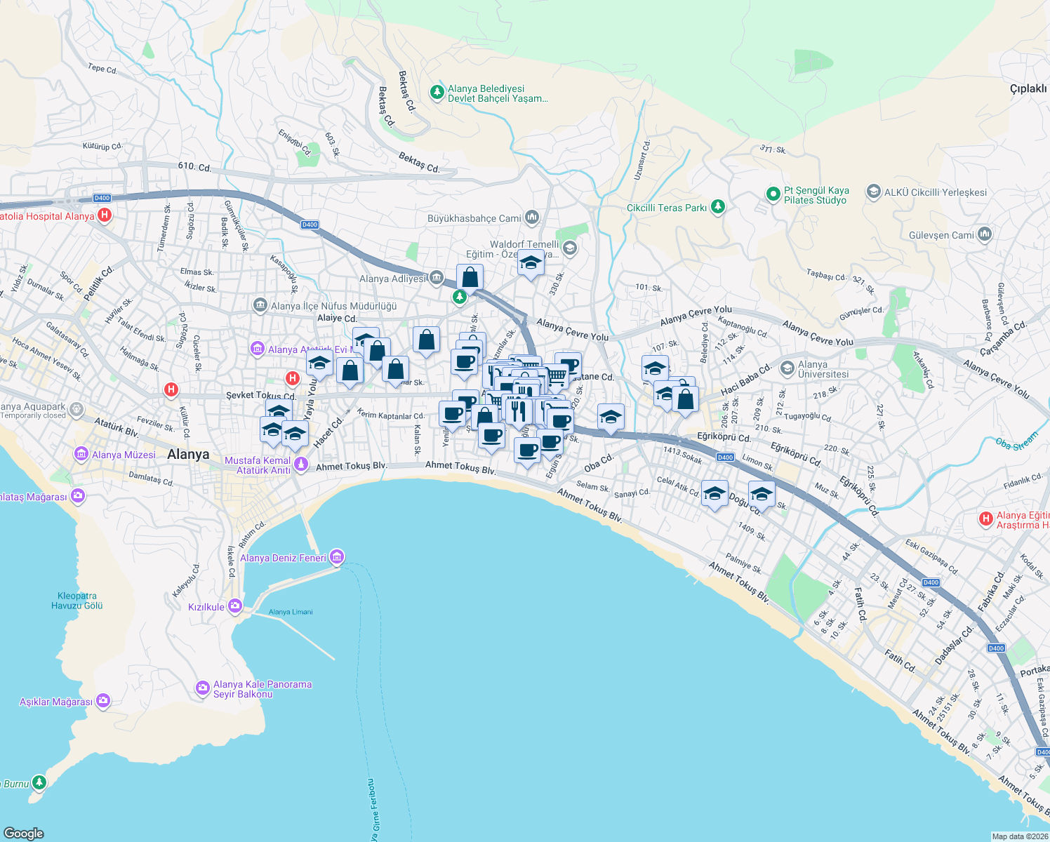 map of restaurants, bars, coffee shops, grocery stores, and more near 21 Ali Aydoğan Sokak in Alanya