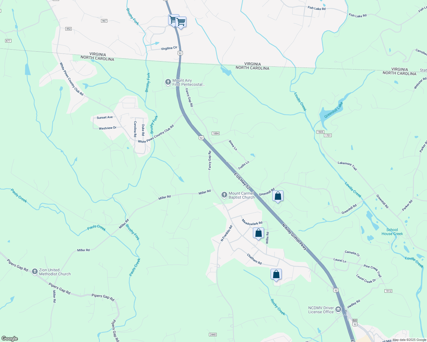 map of restaurants, bars, coffee shops, grocery stores, and more near 2077 Fancy Gap Road in Mount Airy