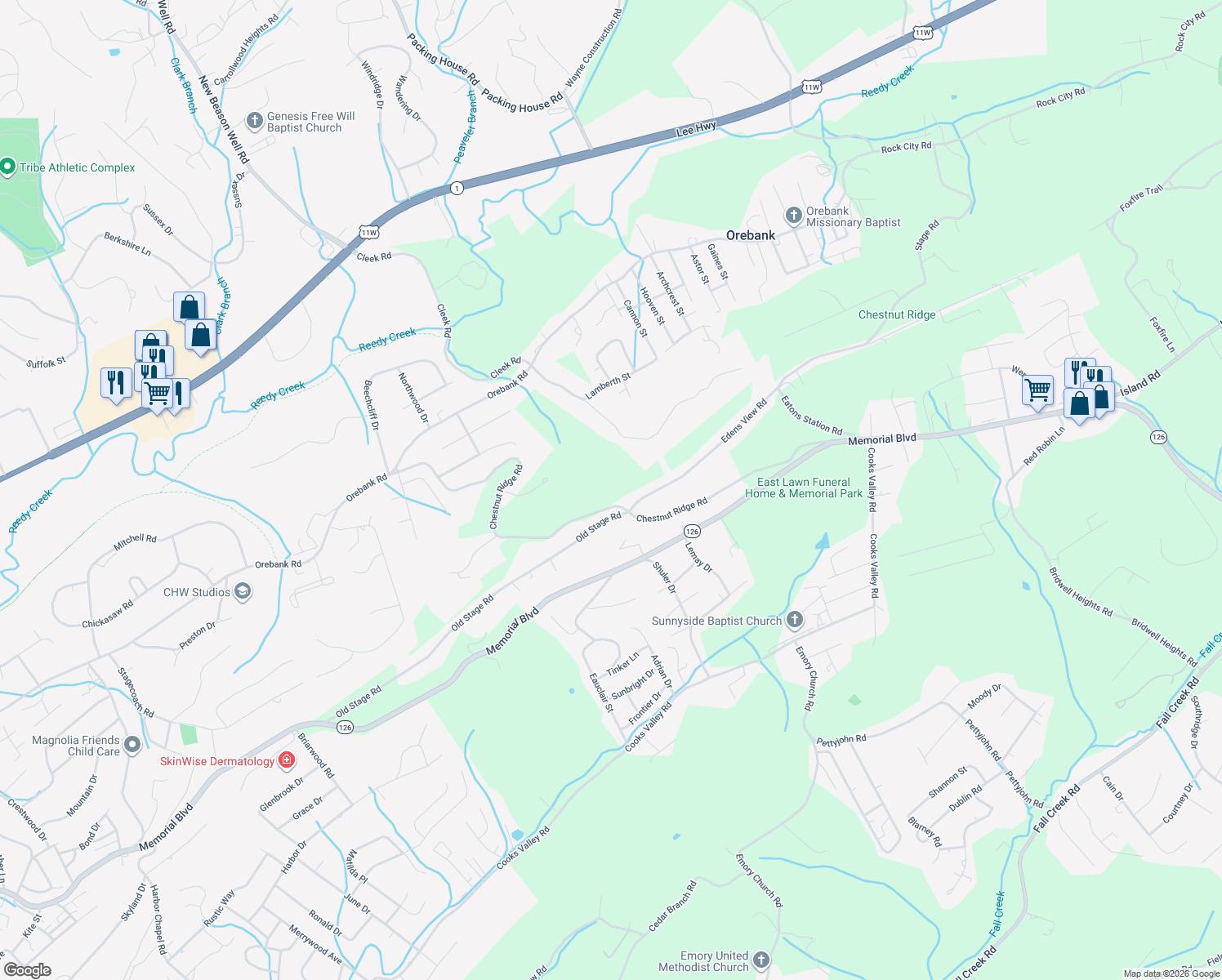 map of restaurants, bars, coffee shops, grocery stores, and more near 5840-6032 Chestnut Ridge Road in Kingsport