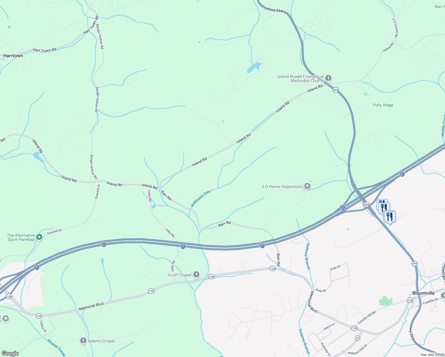 map of restaurants, bars, coffee shops, grocery stores, and more near 2294 Island Road in Blountville