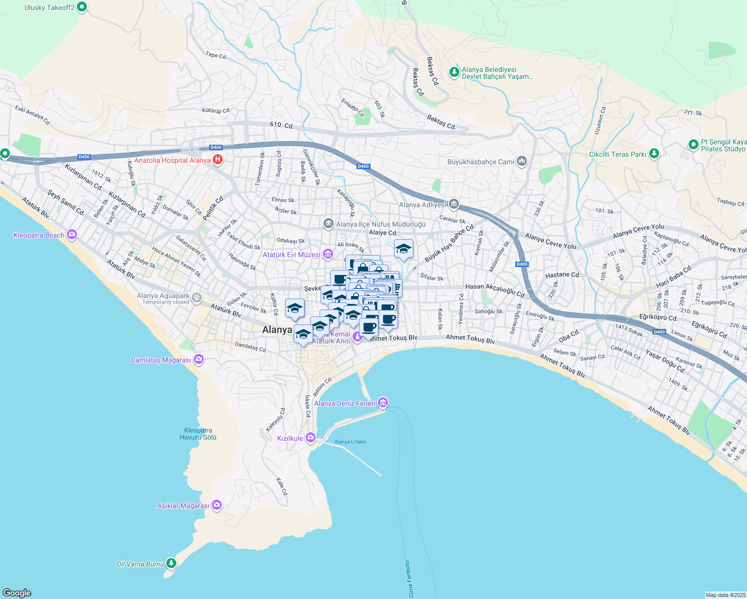 map of restaurants, bars, coffee shops, grocery stores, and more near Şirin Sokak in Alanya